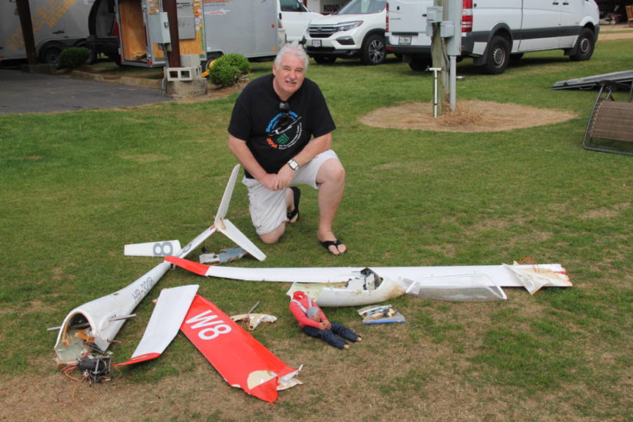 Unfortunately this is what a few thousand in scale glider can look like if the main wing spar fails, but Jeremy Hartman had a good sense of humor about it and was back at it quickly.
