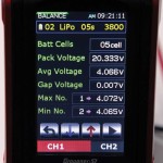 Before beginning a balance charge, the display tells you what battery is selected, the total pack voltage, the average cell voltage, variance between the cells and which ones are the highest and lowest.
