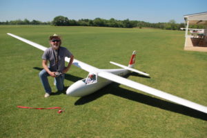 Peter George of St Louis, MO with his half scale Hempel K-6 that spans 7.5 meters, if you can’t do that conversion in your head that’s a 25 foot wingspan. Despite the size and weight, it flies amazingly slow and can get towed up by a 120 size tow plane.